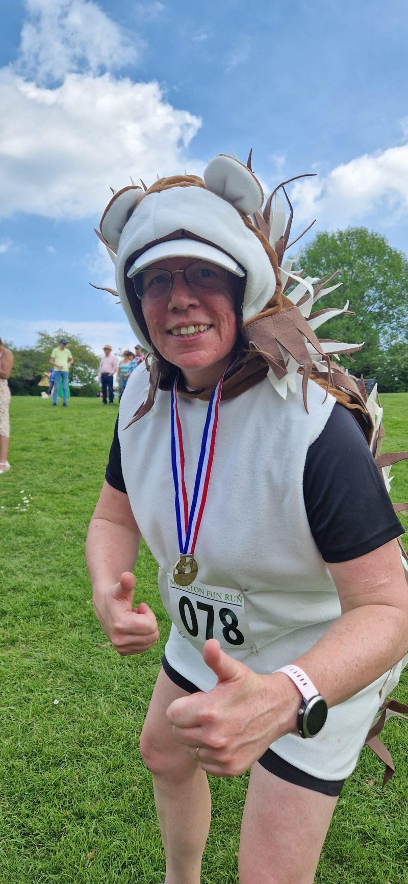 Mel dressed as a hedgehog for the Moulton Village fun run.