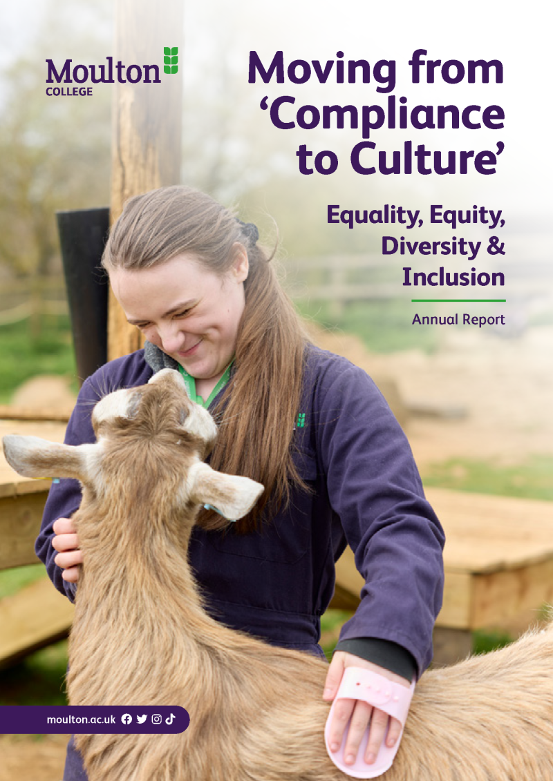 Graphic of student grooming sheep with text reading 'Moving from Compliance to Culture' Equality, Equity, Diversity & Inclusion Annual Report