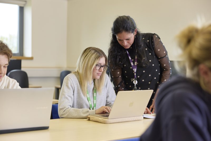 Business tutor showing business student something on laptop