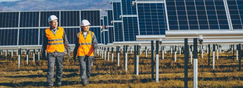 Two people walking between solar panels in a field