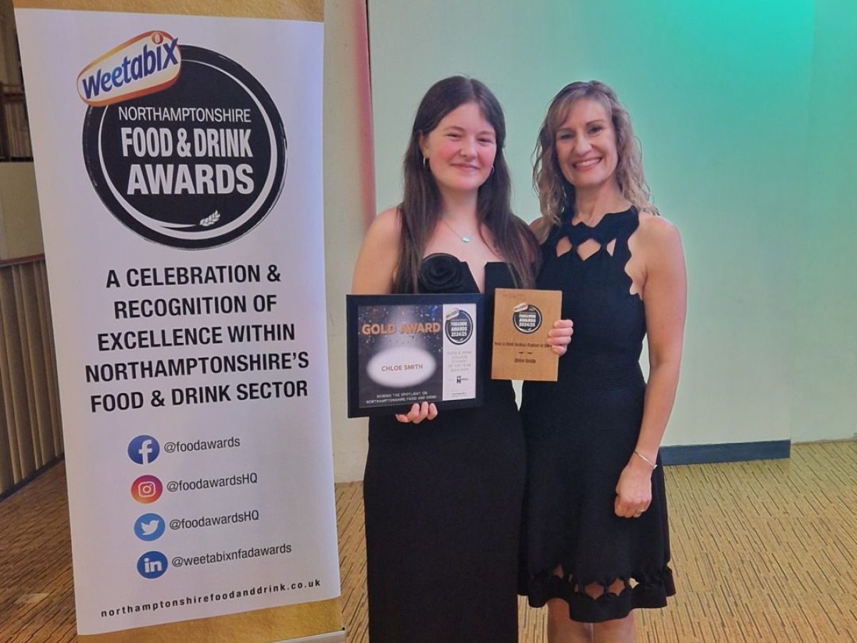 Lecturer Rachel Roy standing with Chloe, winner of the College Student of the Year Award at the Northamptonshire Food and Drink Awards 2024