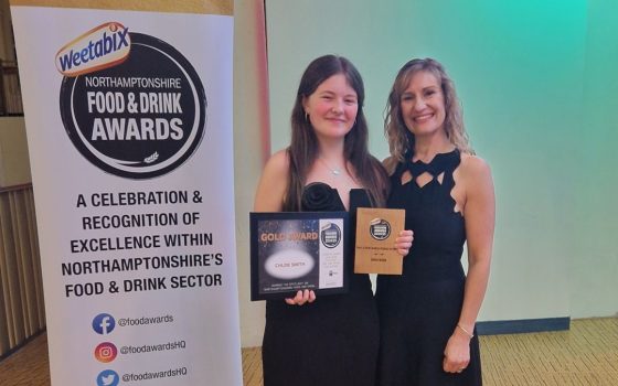 Lecturer Rachel Roy standing with Chloe, winner of the College Student of the Year Award at the Northamptonshire Food and Drink Awards 2024