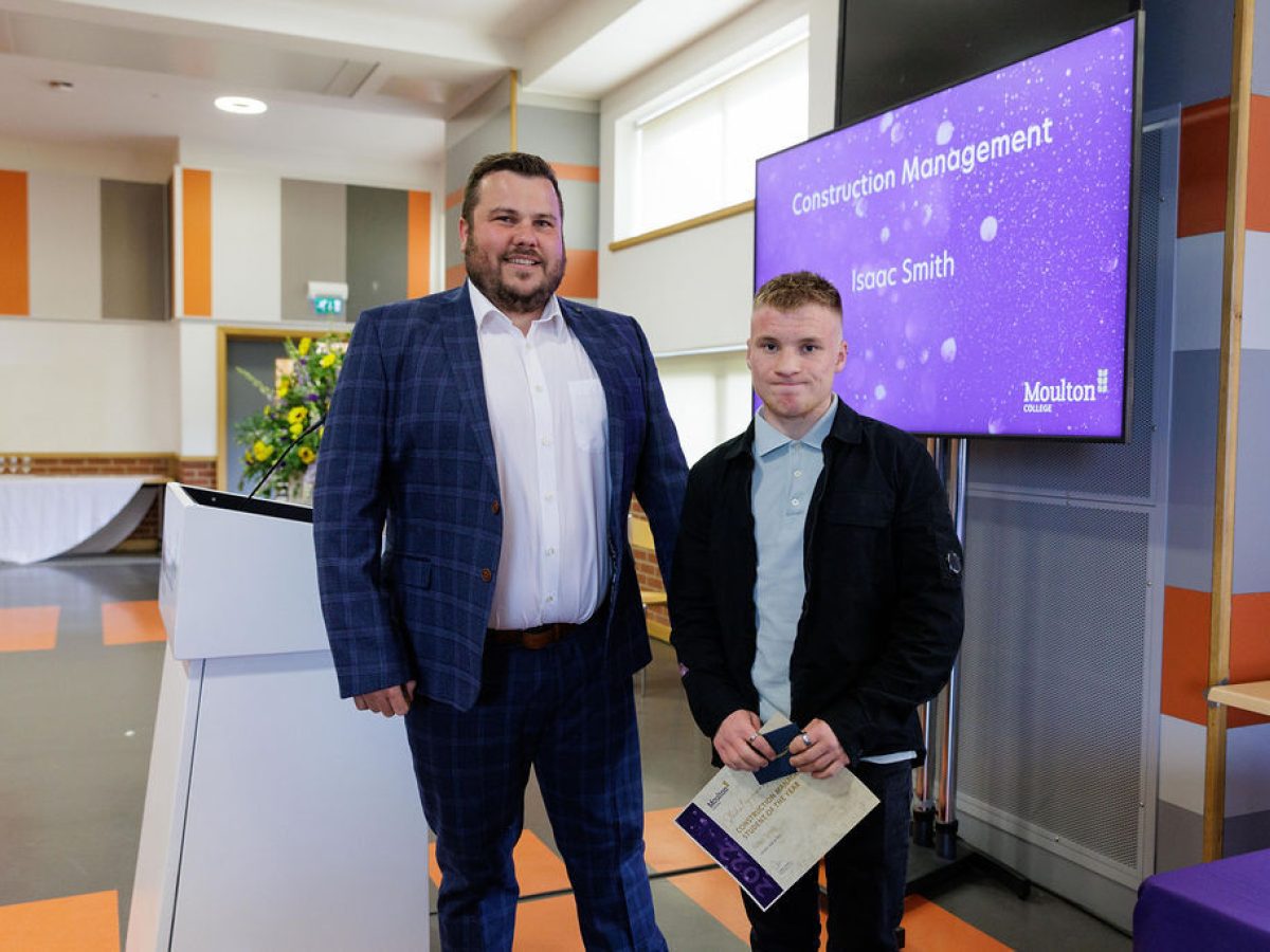 Construction Management award winner Isaac receives his award from Matt Cappell, Head of Construction