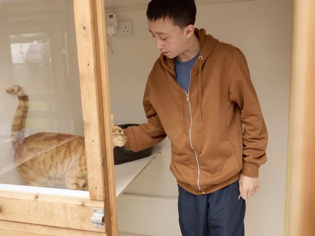 Animal Welfare student, Lewis with one of the cats at Cloverlea Cattery