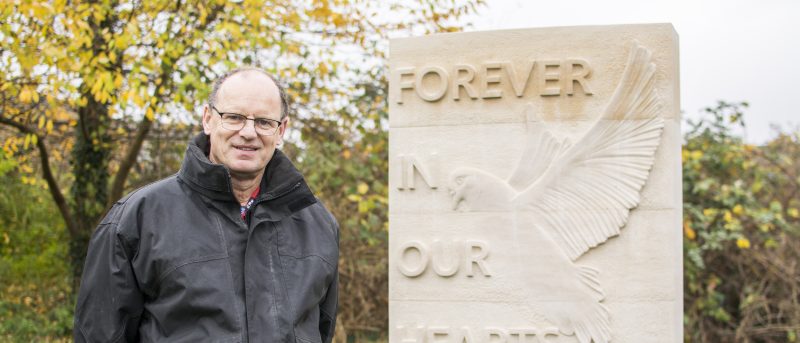 Stonemason Mark Mc Donnell with his sculpture