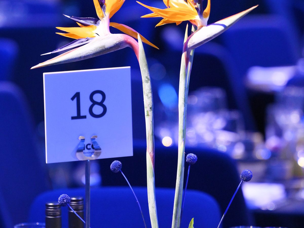 Three birds of paradise flowers above an orange and green floral table decoration