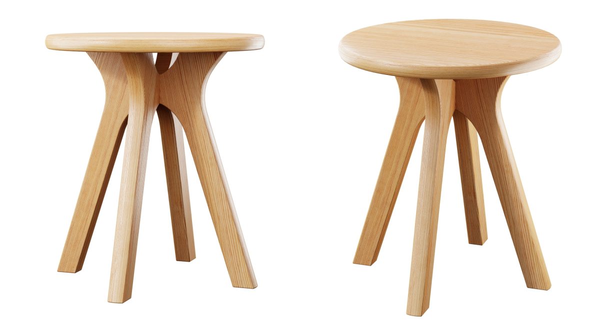 Two views of wooden stool design in design software